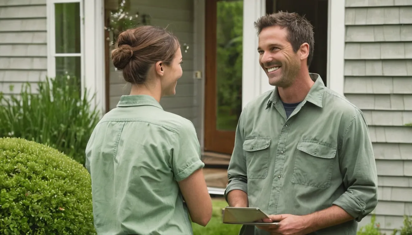 A friendly pest control provider talking with a homeowner at a front door in Washougal